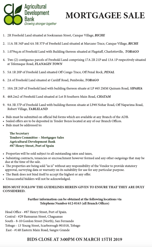 Mortgagee Sale ADB Trinidad & Tobago