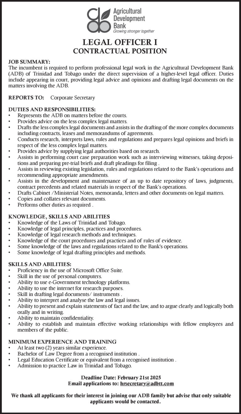 ADB VACANCY - LEGAL OFFICER I - ADB Trinidad & Tobago